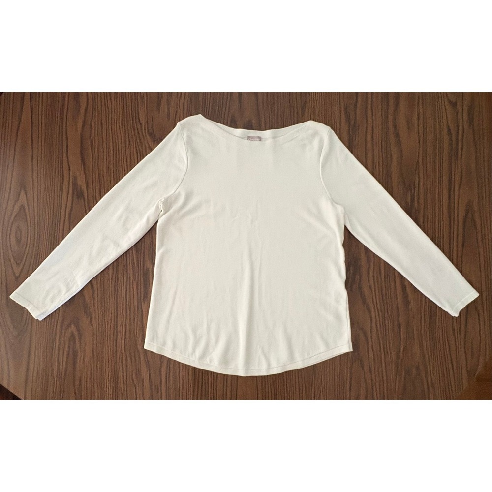 Chicos Women 1/Medium Cream Rayon Poly Boat Neck Long Slv Curve Hem Ltwt Sweater